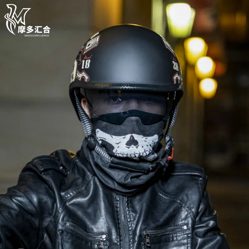 Retro Motorcycle Helmets for Men Vintage Motorbike Half Helmet with Built-in Lens Summer Electric Bike Safety Cap Fashion Harley